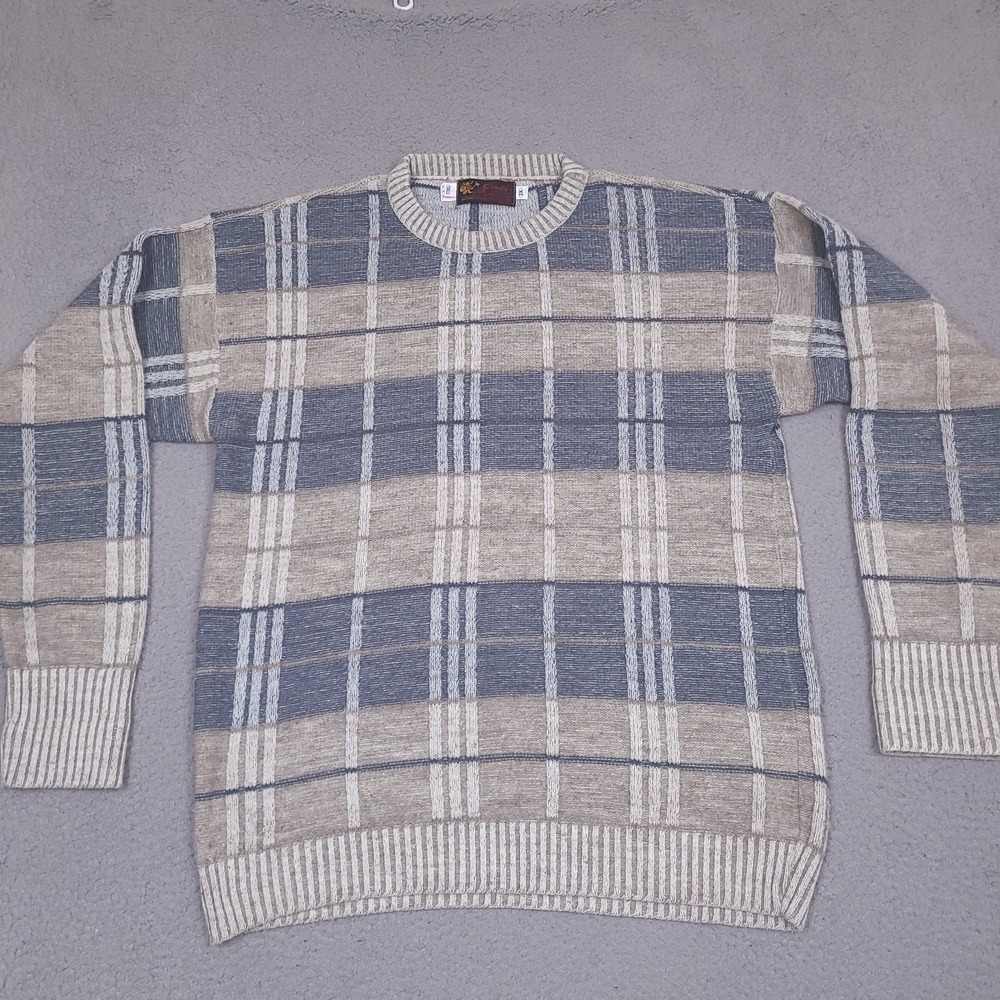 Jersild Pullover Sweater Vintage Blue Tan Plaid 2X Wisconsin Made‎ DuPont Orlon